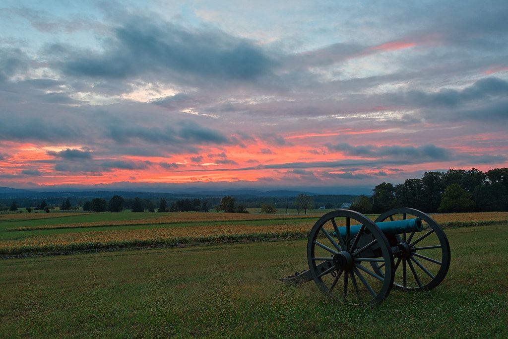 A cannon at sunset, evoking a Civil War battlefield site