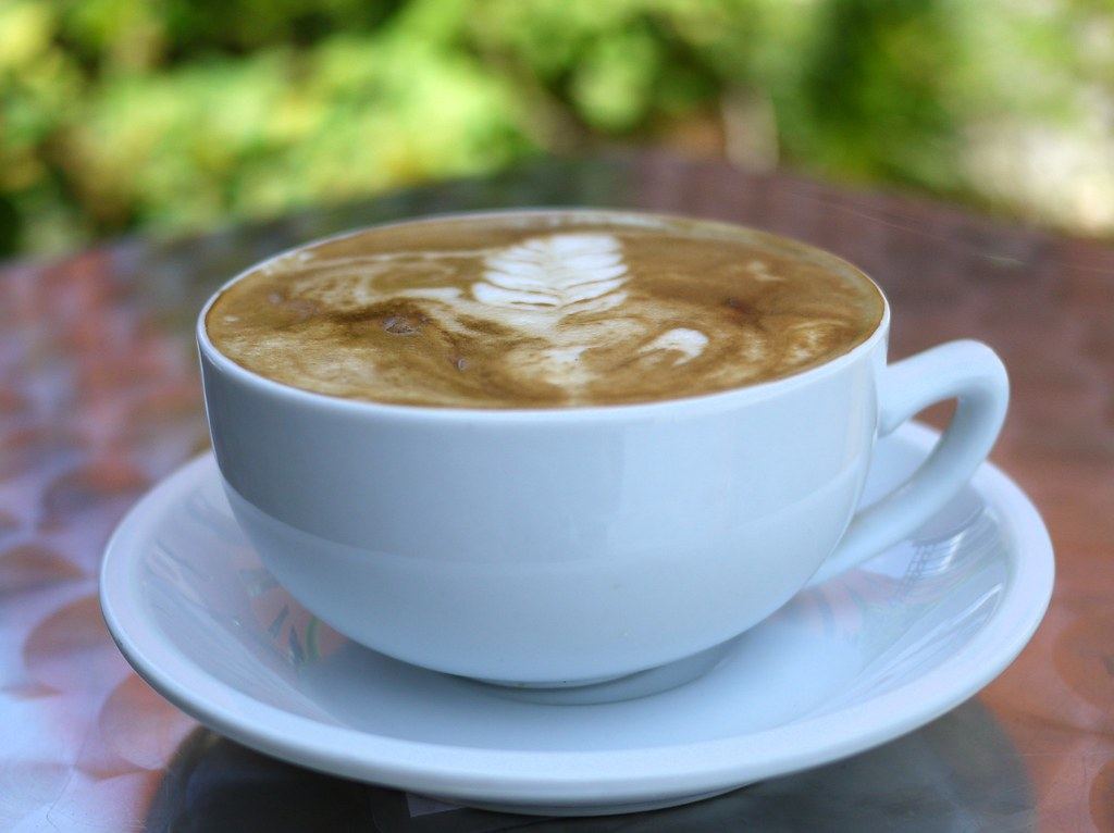 A latte with leaf-pattern latte art in a white cup and saucer